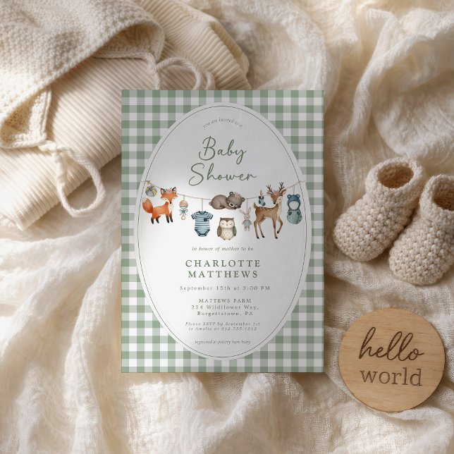 Trädgårdsdjurs Torkställning Babyfirande  Inbjudningar (Sweet Woodland Clothesline Gingham Baby Shower Invitation)