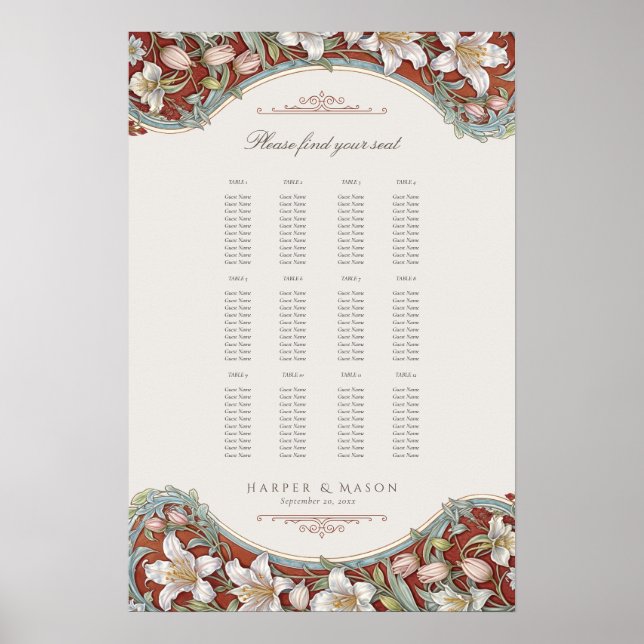 Trädgårdselegans Blommig Bröllopsställningskarta Poster (Framsidan)
