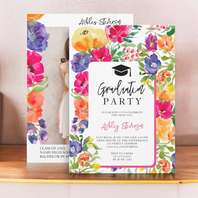 Trädgårdsfärgfoto för blommigt studenten inbjudningar (Garden floral watercolor photo graduation invitation)