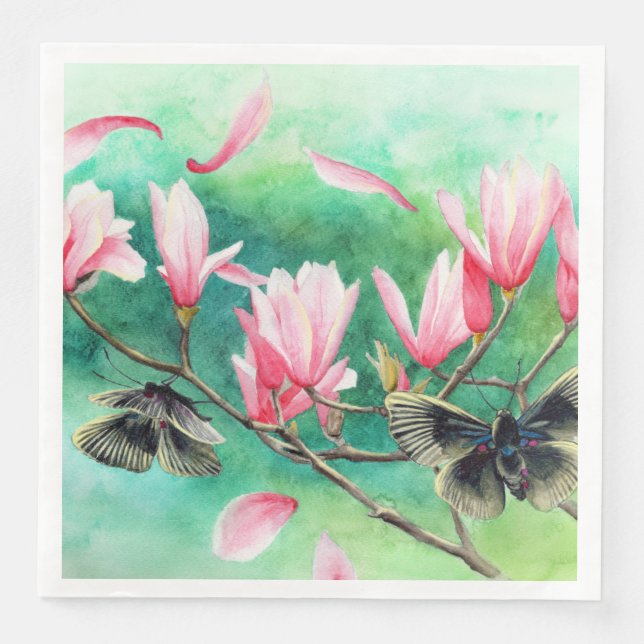 Trädgårdsfest! Fjärilar på rosa blommor  Pappersservett (Framsida)