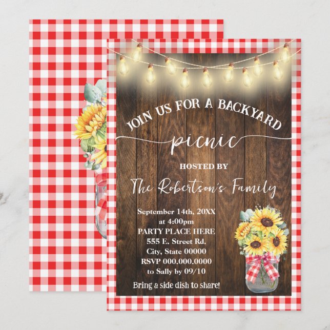 Trädgårdsfest Picknick Röda Karosserade Solrosor Inbjudningar (Fram/baksida)