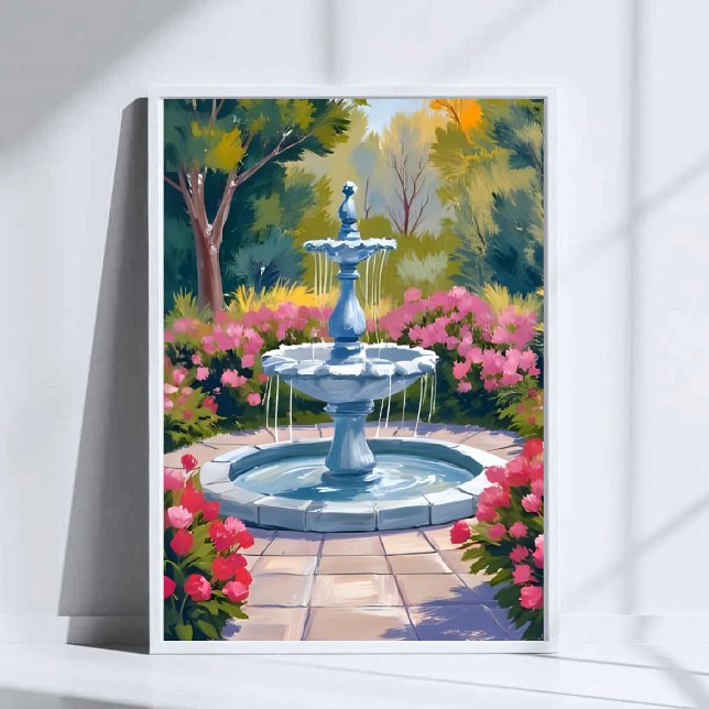 Trädgårdsfontän Blommålning Akvarellkonst Poster (Skapare uppladdad)