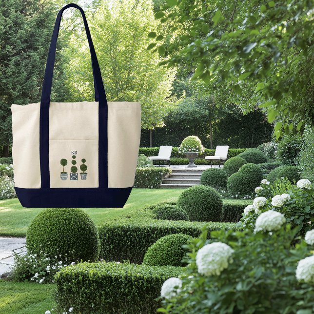 Trädgårdsformad trädmonogram kontrastfärgad canvas tygkasse (Monogram topiary tree garden lover tote bag)