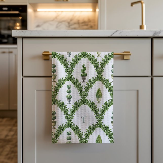 Trädgårdsformad trädstötta med monogram  kökshandduk (Topiary tree trellis kitchen towel)