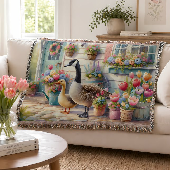 Trädgårdsgäss vårillustration för Stugträdgård Filt (Cottage Garden Geese Spring Illustration Throw Blanket)
