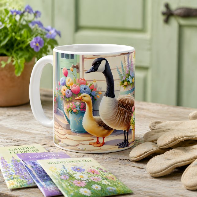 Trädgårdsgäss vårillustration för Stugträdgård Kaffemugg (Cottage Garden Geese Spring Illustration Coffee Mug)