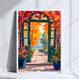 Trädgårdsgrind Akvarell Botanisk Blommålning Poster