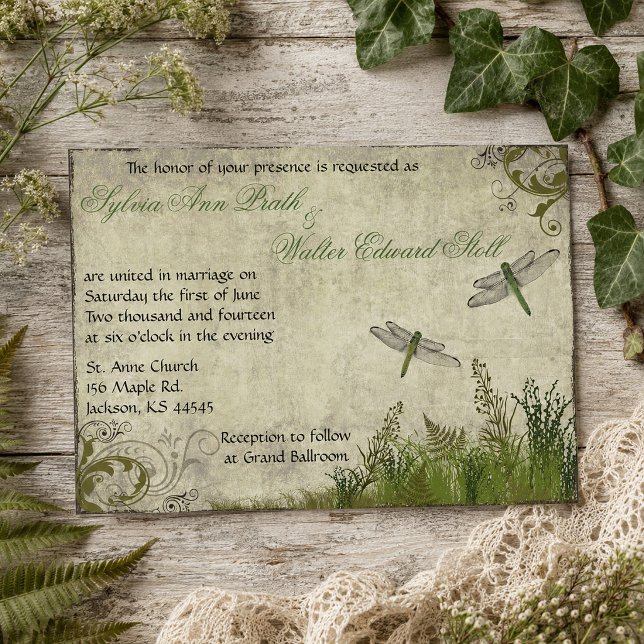 Trädgårdsjätte bröllopsinbjudan i vintage-stil inbjudningar (Dragonfly Garden Vintage Wedding Invitation)