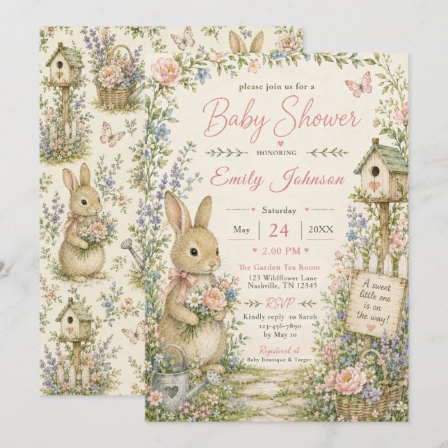 Trädgårdskanin Babyshower Inbjudningar (Fram/baksida)