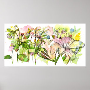 Trädgårdskonst med daglilja i rosa blomma, bläck o poster