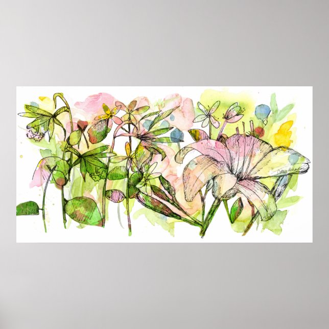 Trädgårdskonst med daglilja i rosa blomma, bläck o poster (Framsidan)