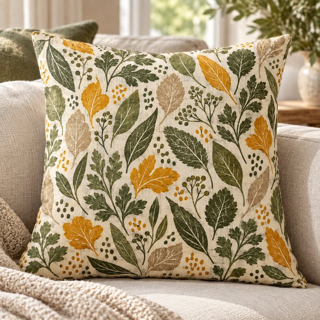 Trädgårdslinnesydd kastkudde med rytm kudde (Styled preview of the 16 x 16 inch cotton throw pillow. The botanical design is printed on both sides. Decorative props are not included.)