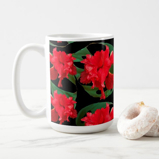Trädgårdsmästare Hibiskus Monstera Mönster Svart  Kaffemugg (Med munk)
