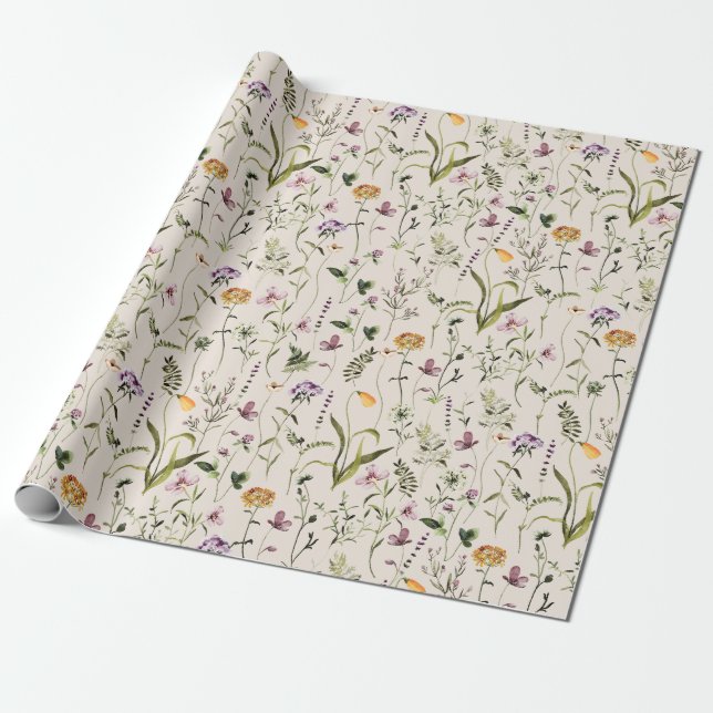 Trädgårdsmönster med vilda blommor  presentpapper (Utrullad)