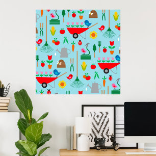 Trädgårdsmönster Vårblommor och trädgårdsredskap Poster
