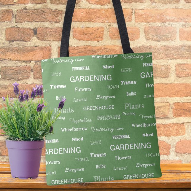 Trädgårdsord för trädgårdsentusiaster och växtälsk tygkasse (With a pattern of gardening themed words in white on green, this tote bag is ideal for garden lovers)