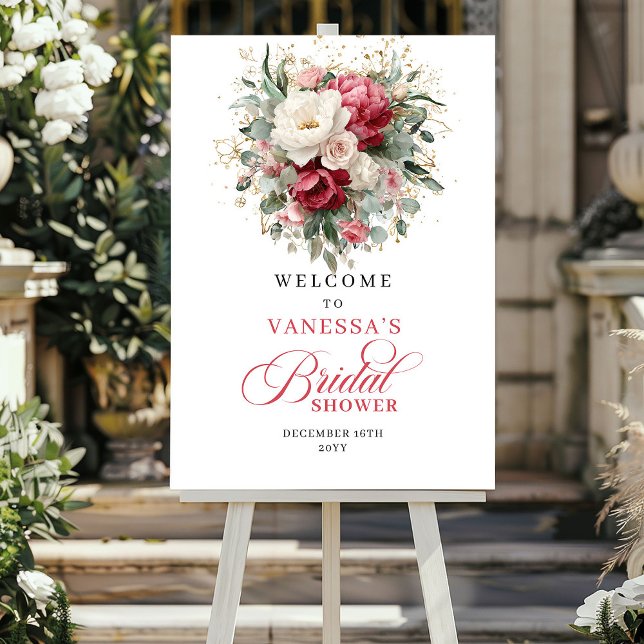 Trädgårdsröd Blommig Grönska Välkommen Bröllopssho Poster (Garden Blush Burgundy Greenery Welcome Bridal Shower)