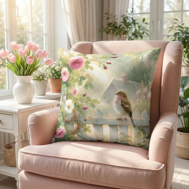 Trädgårdsrosfågel Vattenfärgsscen Kudde (Garden Rose Bird Watercolor Scene Throw Pillow Mockup A)