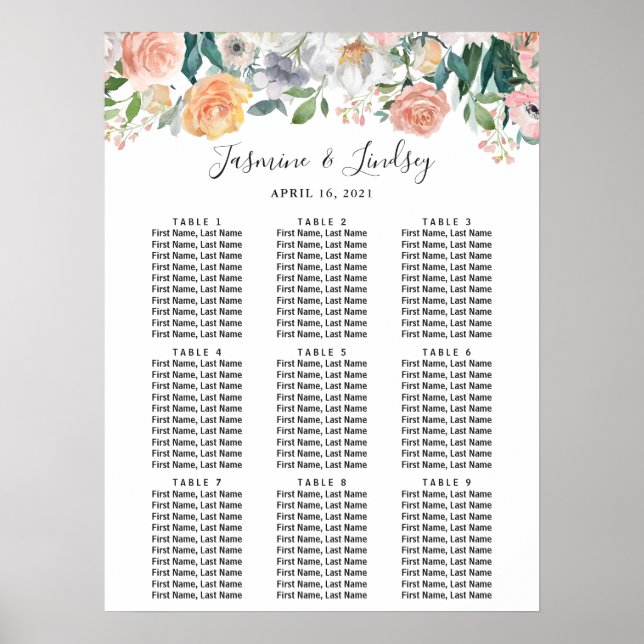 Trädgårdsrosor Blommig 9 Bord Bröllop Placeringspl Poster (Framsidan)