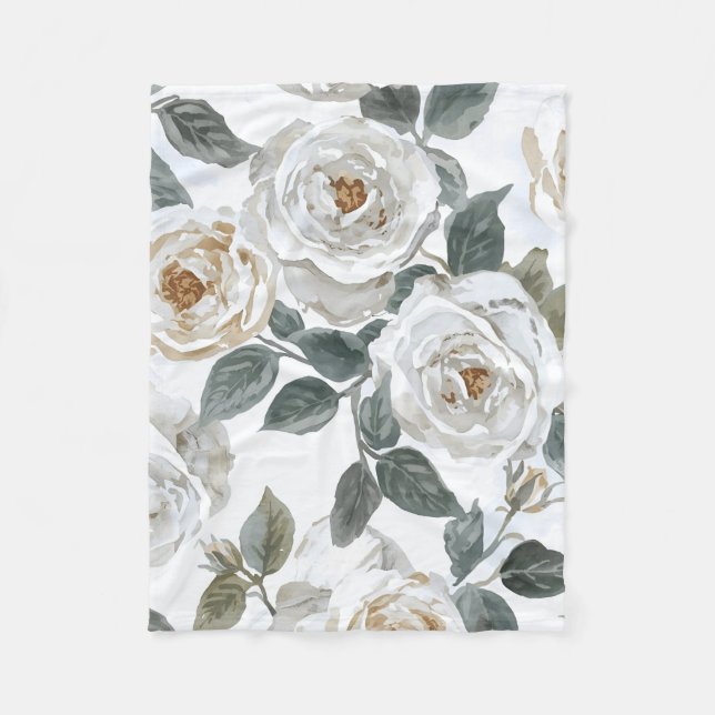 Trädgårdsrosor | Vita akvarellblommor Vintage Fleecefilt (Framsidan)