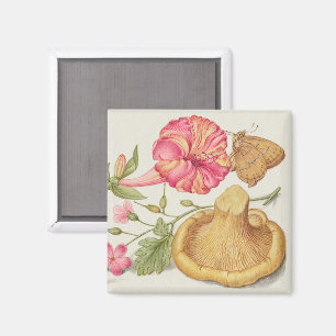 Trädgårdsscen med blommor, fjäril och svamp magnet