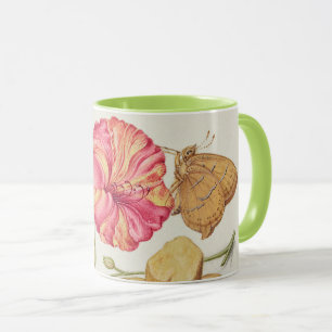 Trädgårdsscen med blommor, fjäril och svamp mugg