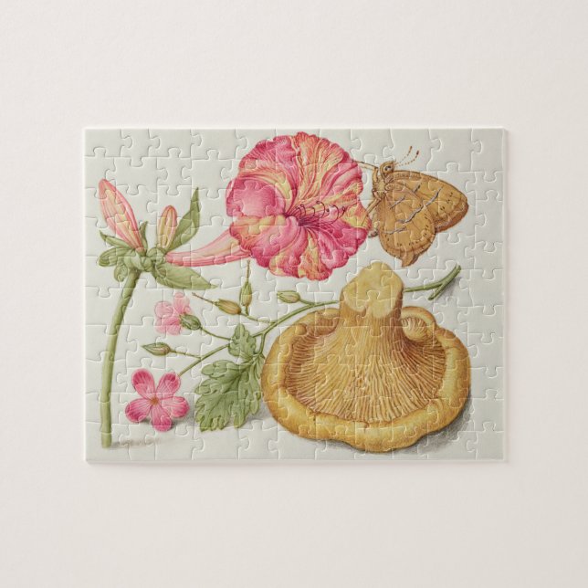 Trädgårdsscen med blommor, fjäril och svamp pussel (Horisontell)