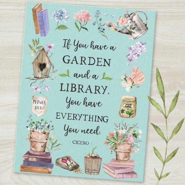 Trädgårdsskötsel och bibliotek Citat Blommig Gräsm Vykort (Close up)