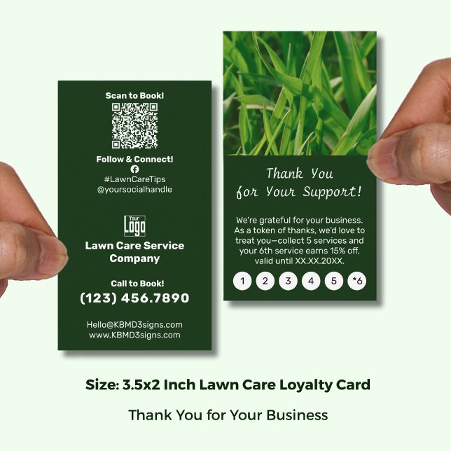 Trädgårdsskötsel Tack för ditt stöd! Lojalitetskort (Lawn Care Thank You for Your Support! Loyalty Card; Size 3.5x2 (US) Portrait Format, Logo, QR code)