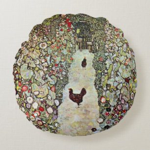 Trädgårdsstig med hönor, Gustav Klimt, Art Nouveau Rund Kudde