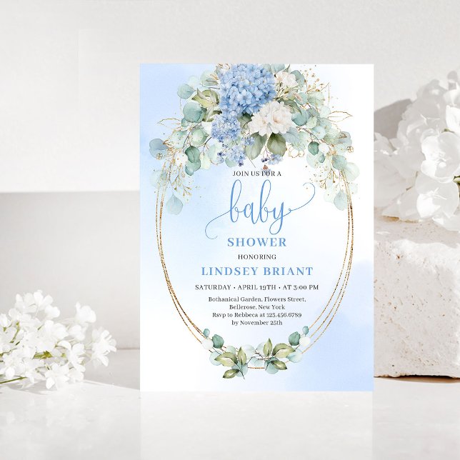 Trädgårdsstil Blå Hortensia Baby Shower Inbjudan (Garden Style Blue Hydrangeas Baby Shower Invitation)