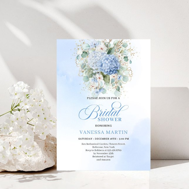 Trädgårdsstil Blå Hortensia Bröllopsfest Inbjudan (Garden Style Blue Hydrangea Bridal Shower Invitation)