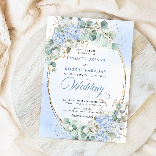 Trädgårdsstil Blå Hortensia Vete Bröllopsinbjudan Inbjudningar (Garden Style Blue Hydrangea Wheat Wedding Invitation)