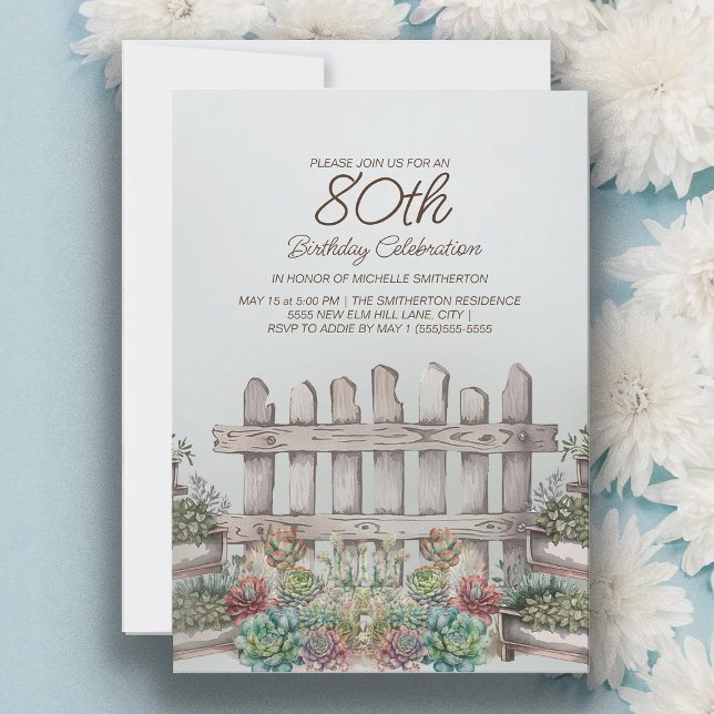 Trädgårdssucculenter Port Botanisk 80-årsdag Inbjudningar (Garden and succulents 80th birthday party invitation for women)