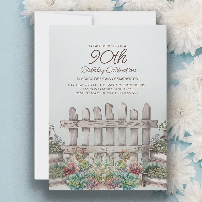 Trädgårdssucculenter Port Botanisk 90-årsdag Inbjudningar (Garden and succulents 90th birthday party invitation for women)