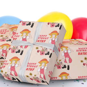 Trädgårdstjej med solrosor Glad födelsedag Inwrap Presentpapper