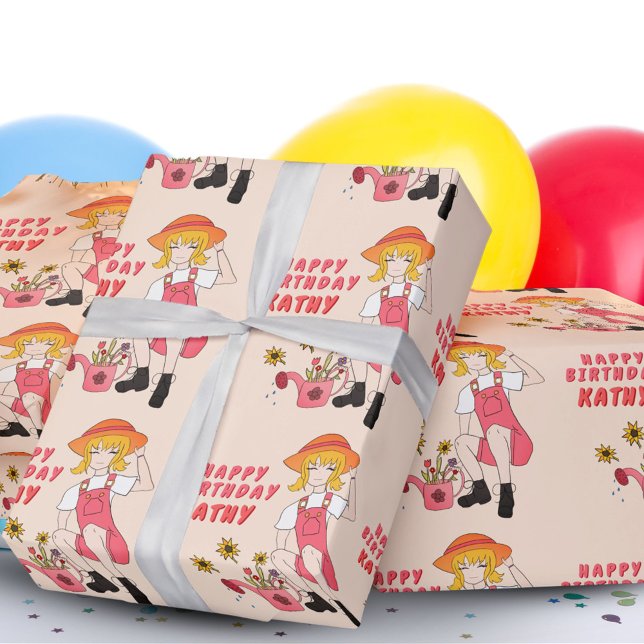 Trädgårdstjej med solrosor Glad födelsedag  Inwrap Presentpapper (Skapare uppladdad)