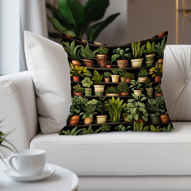 Trädgårdsväxter inomhus Krukväxter Svart Grön Brun Kudde (Potted succulents on black decorator pillow)