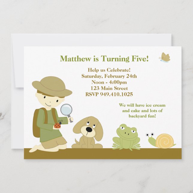 Trädgårdutforskarefödelsedagsfest inbjudan (Framsida)