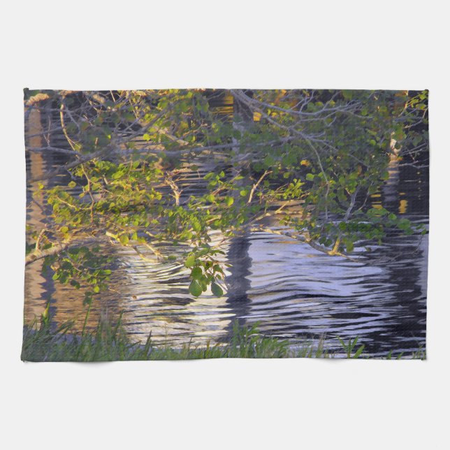 Trädgrenar, solljus, reflektion kökshandduk (Horisontell)