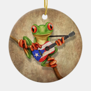Trädgroda som leker den Puerto Rico flaggagitarre Julgransprydnad Keramik