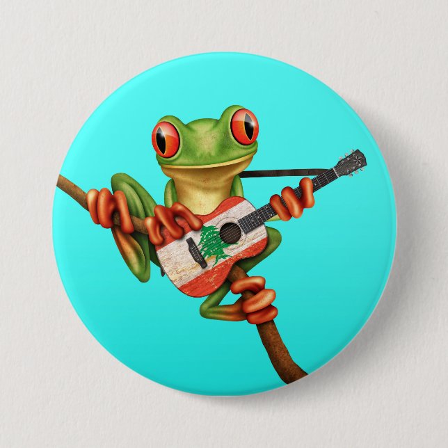 Trädgroda som leker libanesiska flaggagitarrblått knapp (Framsida)