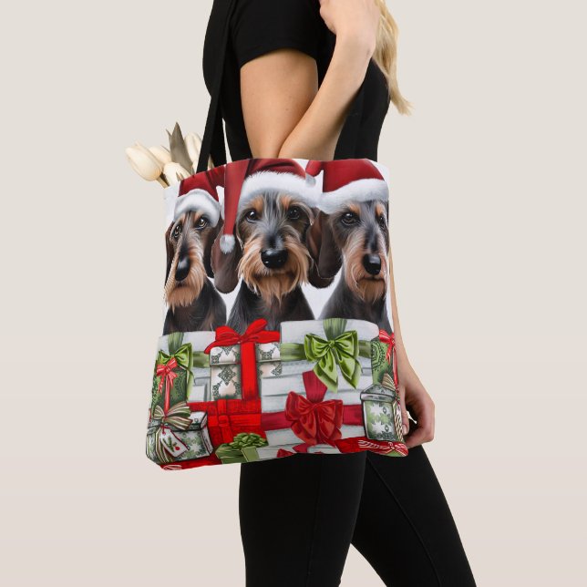 Trådharig Dachshund Julväskan Tygkasse (Närbild)
