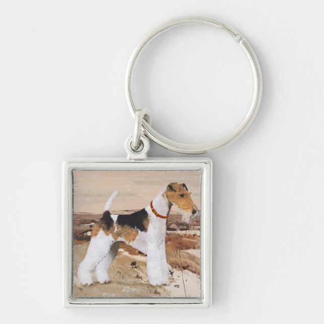Trådhårig Foxterrier Höst Fyrkantig Silverfärgad Nyckelring (Framsidan)