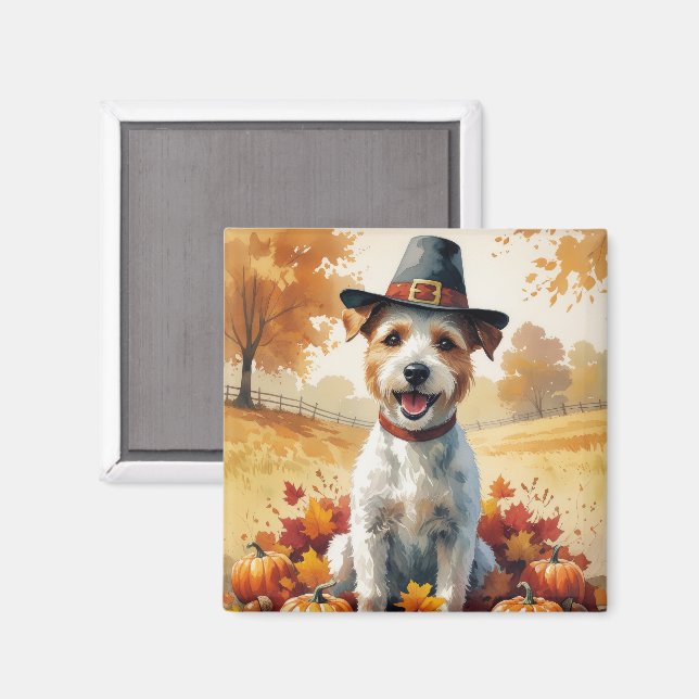 Trådhårig Foxterrier i höstlöv Thanksgiving-konst Magnet (Front/Back)