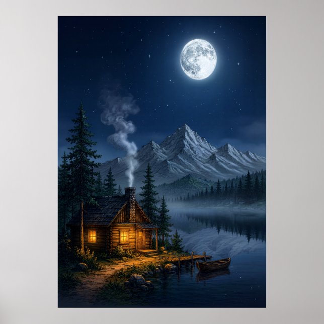 Trädhus på bergssluttning natt sjö scen konsttryck poster (Framsidan)