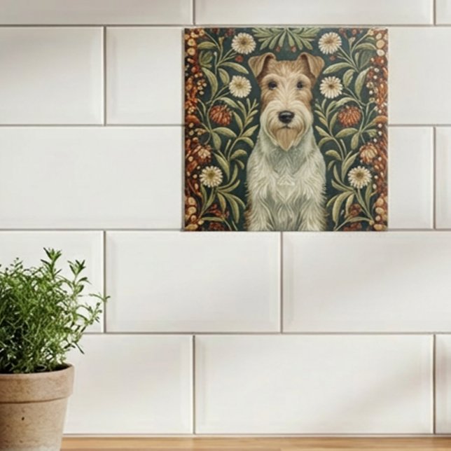 Trådig Foxterrier i William Morris blomsterstil Kakelplatta (Skapare uppladdad)