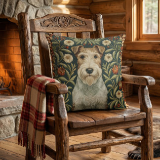 Trådig Foxterrier i William Morris blomsterstil Kudde
