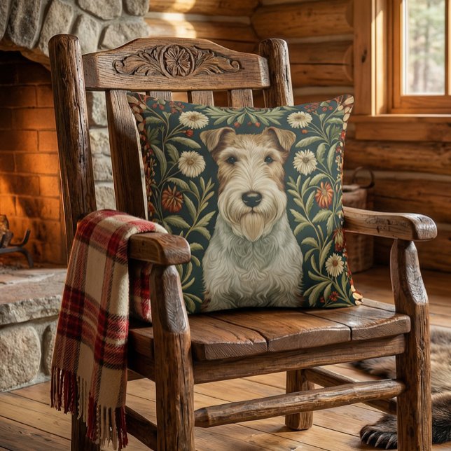 Trådig Foxterrier i William Morris blomsterstil Kudde (Approximates 20 inch size.)