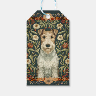 Trådig Foxterrier i William Morris blomsterstil Presentetikett